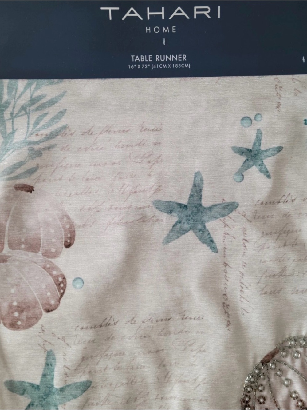 Tahari Summer Coastal Table Runner Embellished Sea Shells Starfish Nautical 72"